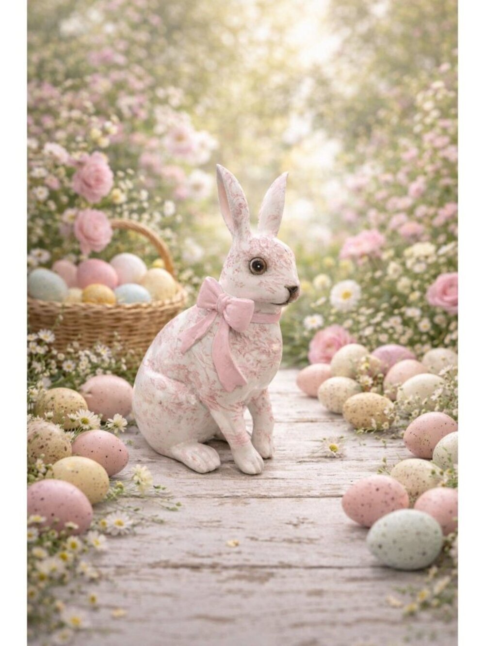 New Pink White Laura Ashley Toile Easter Bunny Girl Figurine Holiday Decor